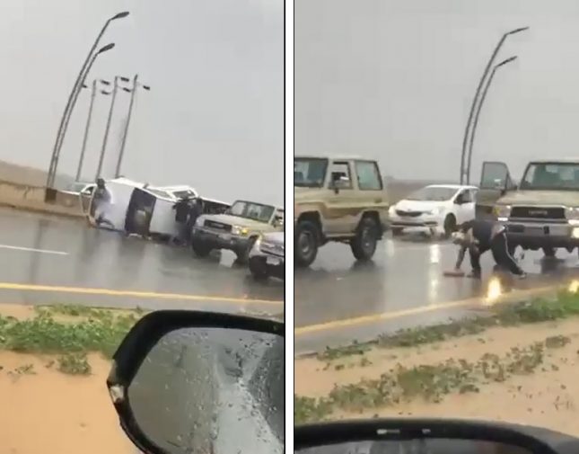 انقلاب سيارة تحمل بضاعة على طريق في جازان بسبب الأمطار.. وردة فعل مفاجئة لقائدي المركبات