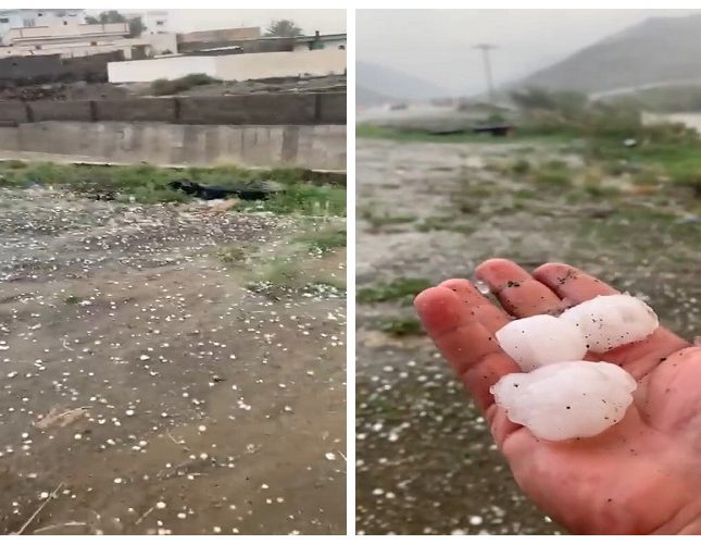 شاهد.. هطول أمطار مصحوبة بـ بَرَد بحجم الكرات الصغيرة على تندحة في خميس مشيط