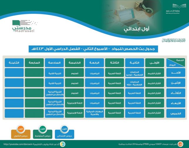 شاهد: جداول الحصص اليومية للمراحل الابتدائية والمتوسطة والثانوية