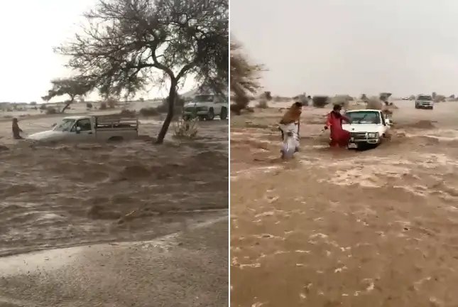 شاهد: سيول قوية تجرف سيارة شرقي الطائف.. ومالكها يحاول اللحاق بها