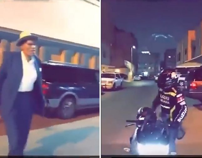 شاهد فيديو طريف يوثق ردة فعل قائد دراجة نارية في هوشة بالشارع عند