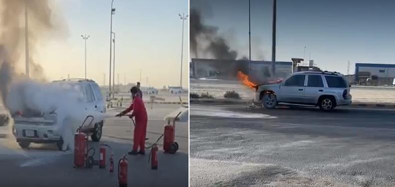 مواطن يتمكن من إنقاذ محطة وقود بعد اشتعال النيران بمركبة داخلها في الجبيل -فيديو