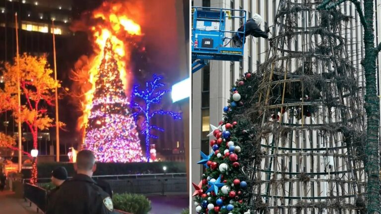 شاهد: رجل يتسلق شجرة الكريسماس في مانهاتن بـ نيويورك ويضرام النيران فيها