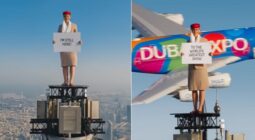 شاهد إعلان يحبس الأنفاس لمضيفة طيران الإمارات تقف على قمة برج خليفة وتحلق طائرة ضخمة خلفها