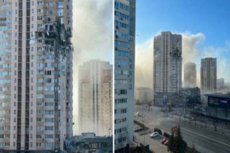 شاهد صاروخ روسي يستهدف مبنى سكني شاهق قرب مطار جولياني في كييف