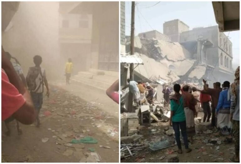 شاهد سقوط عشرات القتلى والجرحى في انفجار مروع لمخزن سلاح باليمن