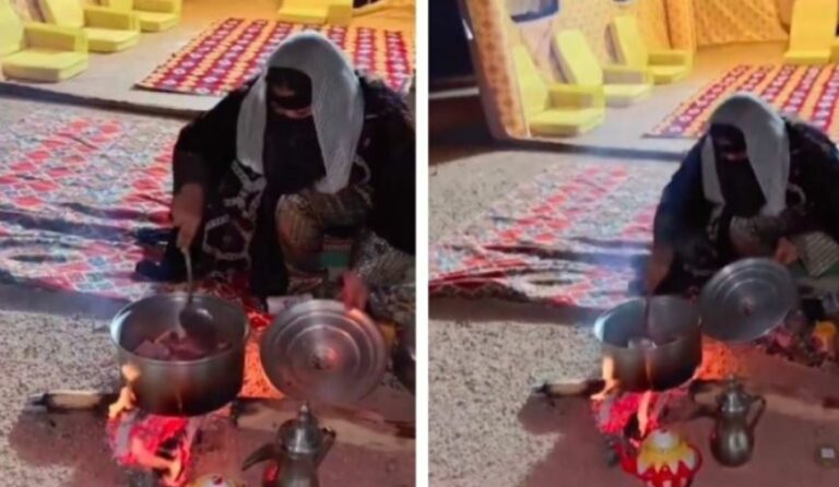 شاهد عبد الرحمن المطيري ينشر فيديو جديد لرشا القرشي وهي تطهو الكبسة في خيمة بالصحراء