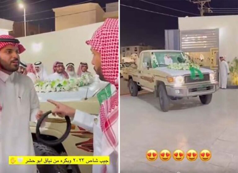 شاهد السنابي غازي الذيابي⁩ يتلقى هدية من ابن عمه جيب شاص وناقة بـ200 ألف ريال