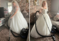 تؤدي به جميع الأعمال المنزلية.. بالصور: سيدة ترتدي فستانها منذ حفل الزفاف وتكشف السبب