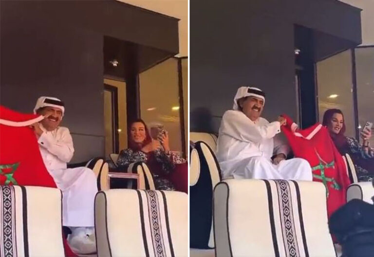شاهد الشيخ حمد بن خليفة آل ثاني وزوجته الشيخة موزا يرفعان علم المغرب من المدرجات