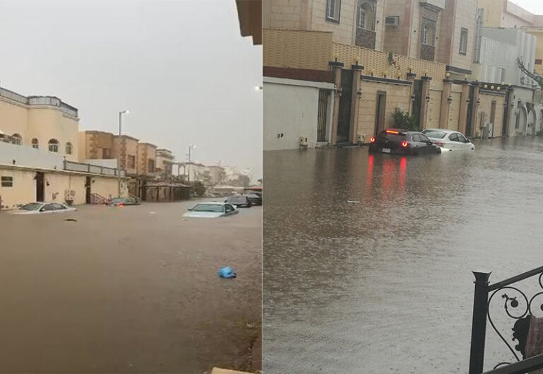 شاهد مياه الأمطار الغزيرة في جدة تغرق السيارات