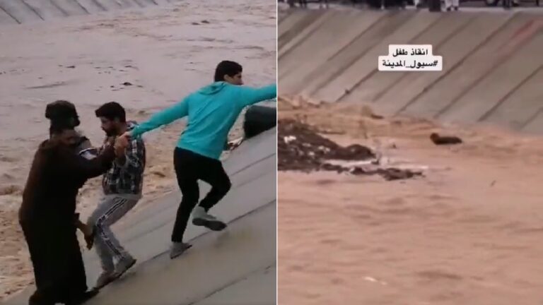 شاهد .. لحظة إنقاذ طفل جرفه السيل بالمدينة