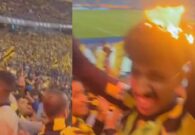 بالفيديو: مشجع إتحادي يحترق شعره دون أن يشعر أثناء تشجيع الفريق بنهائي السوبر