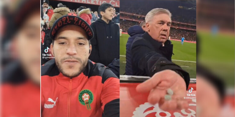 بالفيديو: مشجع مغربي يفاجئ أنشيلوتي بطلب غريب في مباراة ريال مدريد وبلباو