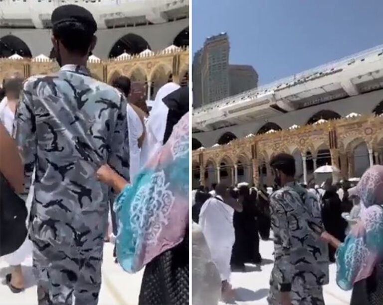 أمسكت طرف بزته.. مشهد لكفيفة ورجل أمن يخطف القلوب من المسجد الحرام