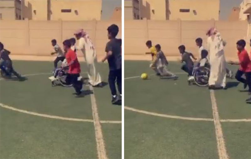 لفتة إنسانية أثارت الإعجاب.. شاهد معلم يدفع طالبًا من ذوي الإعاقة خلال  مباراة كرة قدم