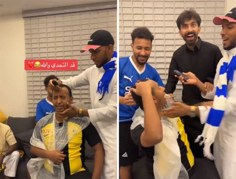 بعدما خسر التحدي على فوز الاتحاد.. شاهد مشجعون هلاليون يحلقون رأس صديقهم