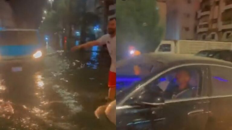 شاهد.. نونو سانتو يواجه صعوبة في السير بسيارته في جدة بسبب السيول