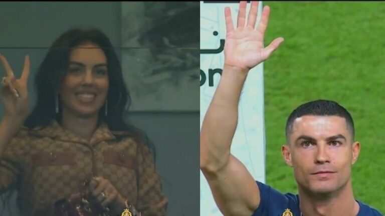 شاهد رونالدو يلقي التحية على جورجينا في المدرجات قبل انطلاق مباراة النصر أمام الخليج