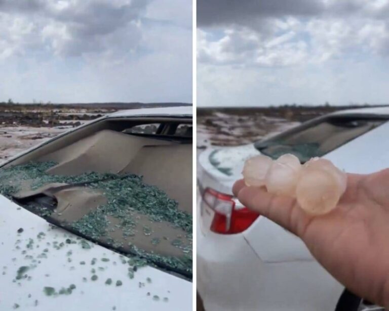 شاهد عاصفة برد قوية تحطم زجاج سيارتين في وادي النقيع بالمدينة