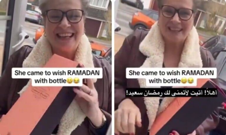 شاهد مسنة بريطانية تفاجئ جارها المسلم وتقدم له شامبانيا بمناسبة شهر رمضان