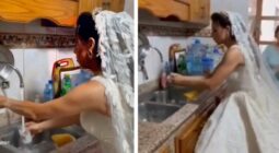شاهد عروس لبنانية تغسل الصحون بفستان الزفاف.. والكشف عن السبب