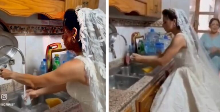 شاهد عروس لبنانية تغسل الصحون بفستان الزفاف.. والكشف عن السبب