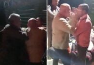 شاهد تركي يعتدي بالضرب والخنق على شخص عربي أمام أطفاله في الشارع