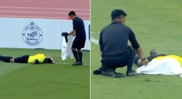 شاهد لحظة هجوم سرب نحل خلال مباراة في الهندي وهروب الجماهير وسقوط الحكم على الأرض
