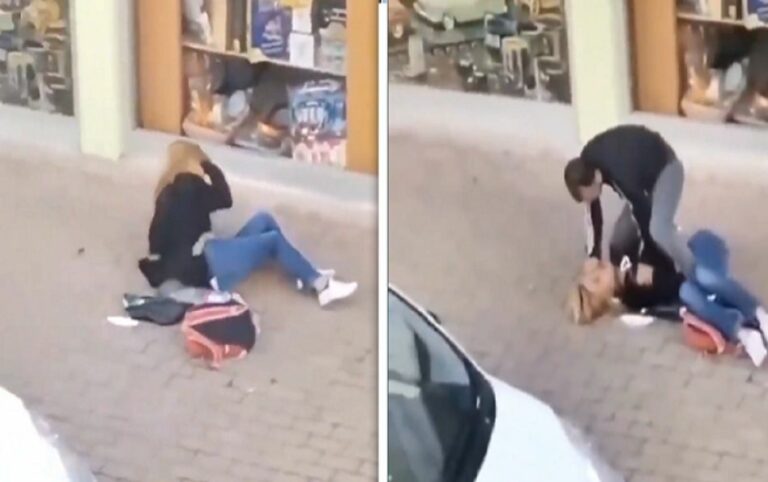 شاهد تركي يعتدي على امرأة بالضرب وسط طريق عام